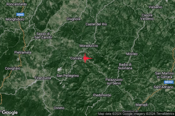 Lieve Terremoto M2.1 epicentro 7 km NW Palazzuolo sul Senio (FI) alle 04:17:47 (02:17:47 UTC)