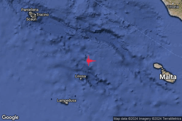 Leggero Terremoto M2.8 epicentro Canale di Sicilia meridionale (MARE) alle 04:46:00 (02:46:00 UTC)