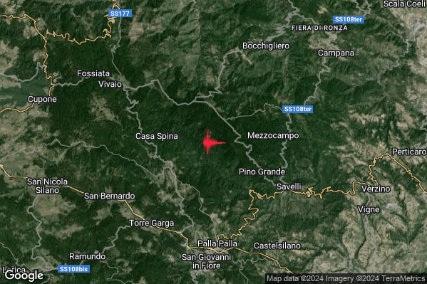 Lieve Terremoto M2.1 epicentro 8 km NW Savelli (KR) alle 12:38:54 (10:38:54 UTC)