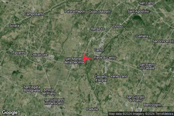 Lieve Terremoto M2.0 epicentro 3 km SW Cento (FE) alle 15:48:44 (13:48:44 UTC)