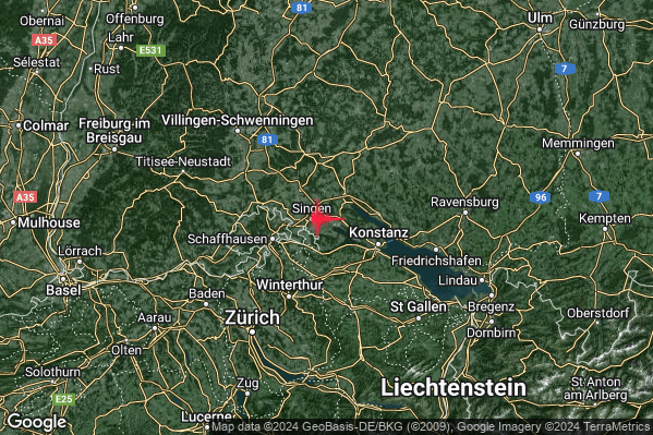 Debole Terremoto M2.5 epicentro Confine Svizzera-Germania (SVIZZERA GERMANIA) alle 22:28:16 (20:28:16 UTC)