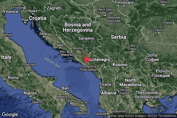 Leggero Terremoto M2.9 epicentro Montenegro [Land] alle 00:47:01 (22:47:01 UTC)