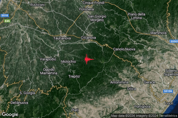 Debole Terremoto M2.4 epicentro 4 km E Molochio (RC) alle 11:15:27 (09:15:27 UTC)