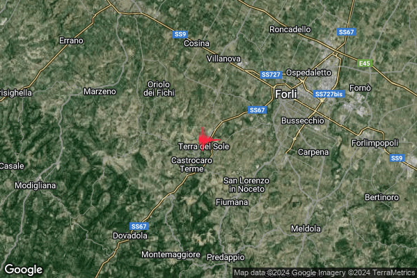 Debole Terremoto M2.4 epicentro 2 km NE Castrocaro Terme e Terra del Sole (FC) alle 14:03:08 (12:03:08 UTC)