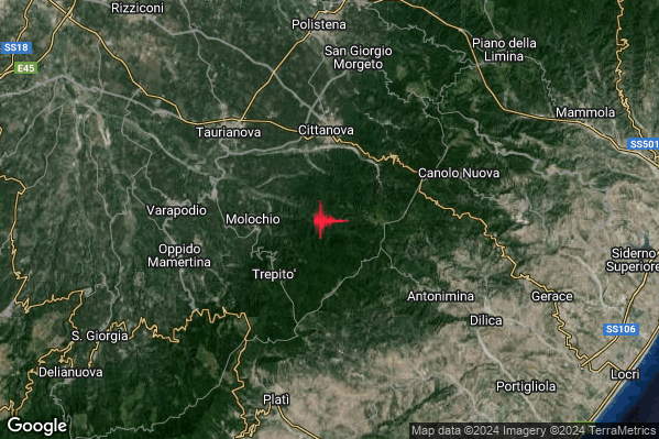 Debole Terremoto M2.6 epicentro 4 km E Molochio (RC) alle 19:38:31 (17:38:31 UTC)