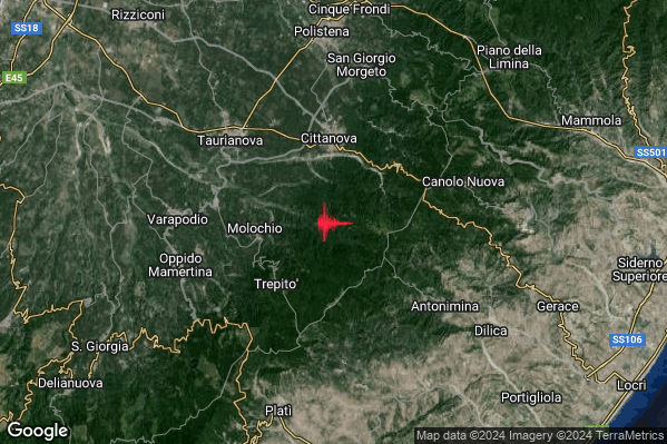 Debole Terremoto M2.3 epicentro 4 km E Molochio (RC) alle 02:21:54 (00:21:54 UTC)