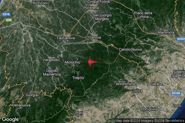 Debole Terremoto M2.6 epicentro 4 km E Molochio (RC) alle 03:29:47 (01:29:47 UTC)