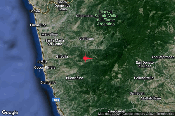 Lieve Terremoto M2.1 epicentro 4 km S Verbicaro (CS) alle 18:13:30 (16:13:30 UTC)