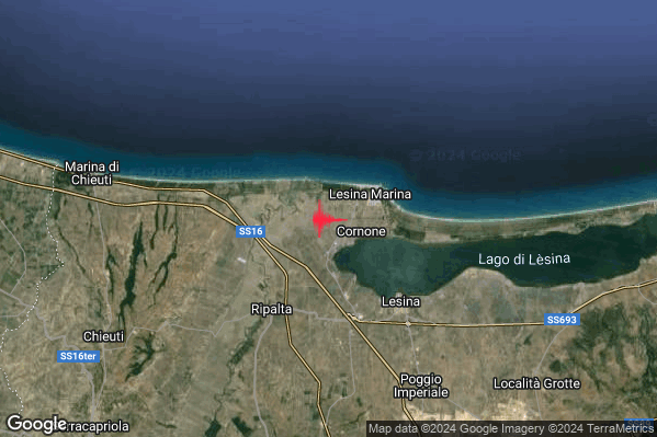 Debole Terremoto M2.3 epicentro 6 km NW Lesina (FG) alle 01:04:30 (23:04:30 UTC)