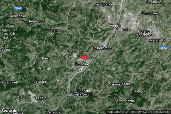 Debole Terremoto M2.4 epicentro 3 km W Castellarano (RE) alle 17:05:27 (15:05:27 UTC)