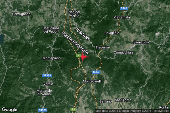 Leggero Terremoto M3.0 epicentro 8 km NE Vernio (PO) alle 00:39:39 (22:39:39 UTC)