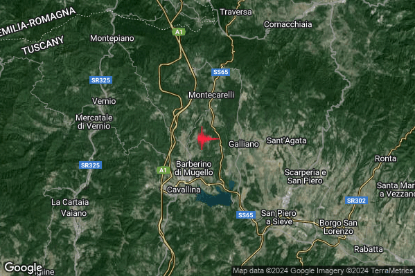Leggero Terremoto M3.1 epicentro 3 km NE Barberino di Mugello (FI) alle 00:39:58 (22:39:58 UTC)