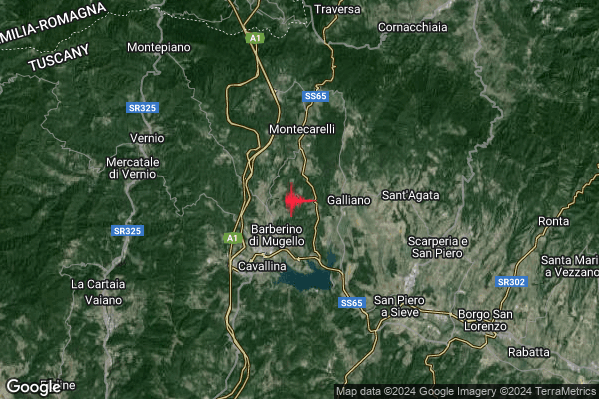 Leggero Terremoto M2.9 epicentro 2 km NE Barberino di Mugello (FI) alle 00:40:38 (22:40:38 UTC)