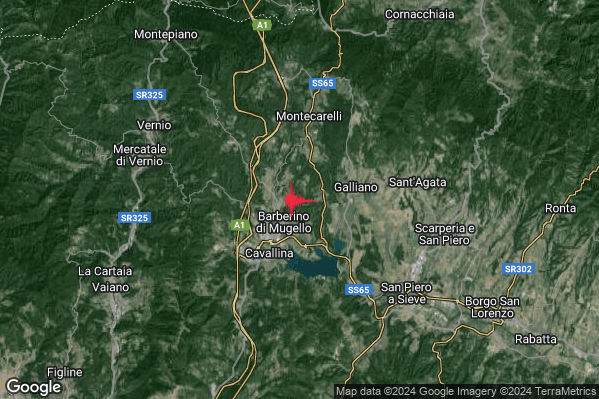 Leggero Terremoto M3.1 epicentro 2 km NE Barberino di Mugello (FI) alle 00:58:46 (22:58:46 UTC)