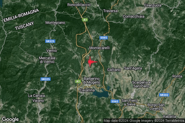 Lieve Terremoto M2.1 epicentro 3 km N Barberino di Mugello (FI) alle 01:05:21 (23:05:21 UTC)