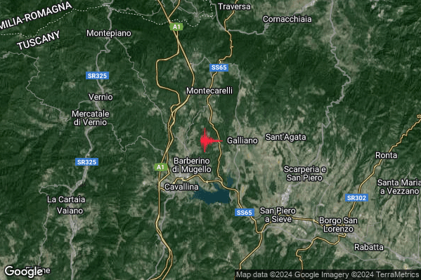Lieve Terremoto M2.0 epicentro 2 km NE Barberino di Mugello (FI) alle 01:17:14 (23:17:14 UTC)