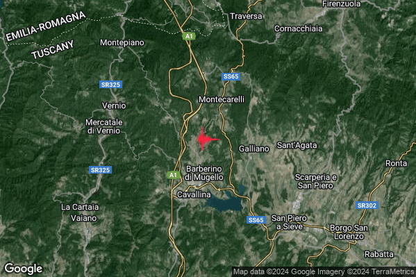 Debole Terremoto M2.3 epicentro 3 km N Barberino di Mugello (FI) alle 01:24:43 (23:24:43 UTC)