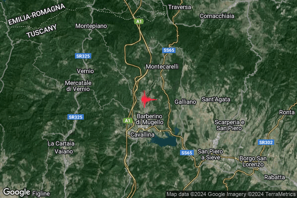Debole Terremoto M2.5 epicentro 2 km N Barberino di Mugello (FI) alle 02:31:07 (00:31:07 UTC)
