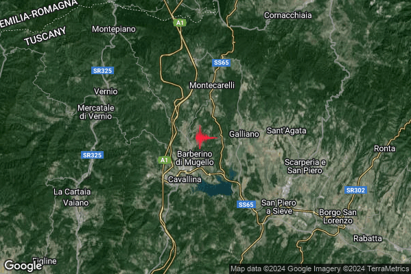 Leggero Terremoto M2.8 epicentro 2 km NE Barberino di Mugello (FI) alle 02:52:48 (00:52:48 UTC)