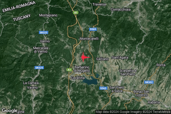 Lieve Terremoto M2.1 epicentro 2 km NE Barberino di Mugello (FI) alle 05:05:17 (03:05:17 UTC)