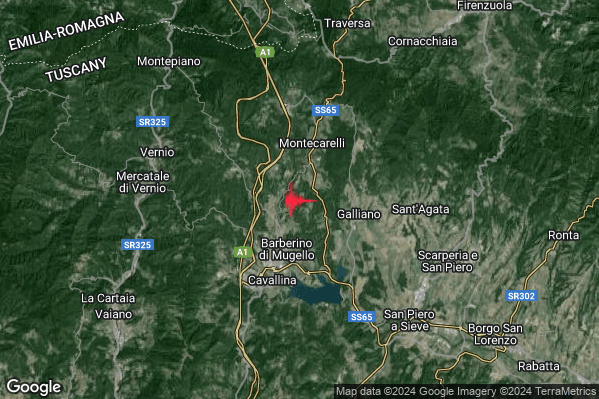 Lieve Terremoto M2.2 epicentro 3 km NE Barberino di Mugello (FI) alle 05:16:06 (03:16:06 UTC)