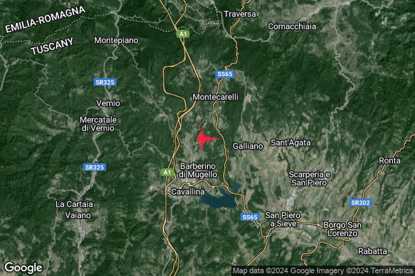 Lieve Terremoto M2.0 epicentro 3 km NE Barberino di Mugello (FI) alle 05:25:51 (03:25:51 UTC)