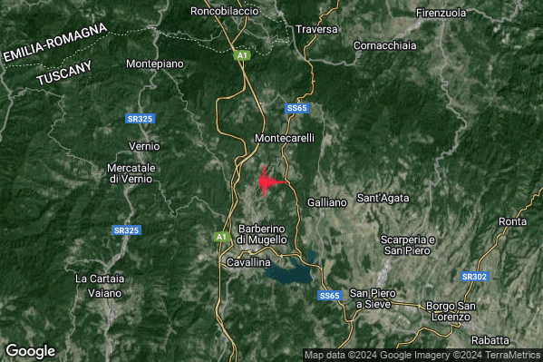 Lieve Terremoto M2.1 epicentro 3 km N Barberino di Mugello (FI) alle 07:03:30 (05:03:30 UTC)