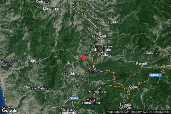 Leggero Terremoto M3.1 epicentro 1 km W Belsito (CS) alle 19:05:13 (17:05:13 UTC)