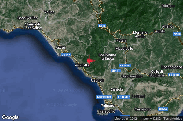 Leggero Terremoto M2.9 epicentro 2 km NE Pisciotta (SA) alle 20:35:24 (18:35:24 UTC)