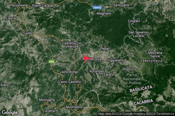 Leggero Terremoto M2.9 epicentro 3 km NW Rotonda (PZ) alle 22:02:49 (20:02:49 UTC)