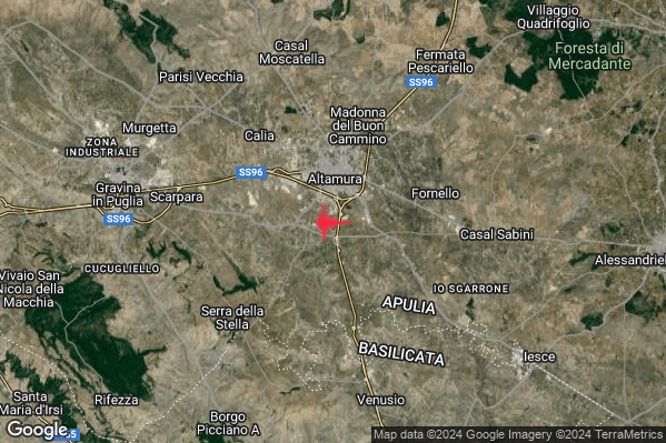 Lieve Terremoto M2.2 epicentro 3 km S Altamura (BA) alle 00:13:05 (22:13:05 UTC)