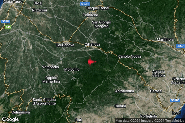 Debole Terremoto M2.6 epicentro 4 km S Cittanova (RC) alle 04:47:13 (02:47:13 UTC)