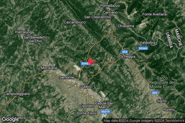 Lieve Terremoto M2.0 epicentro 5 km N Gubbio (PG) alle 14:18:55 (12:18:55 UTC)