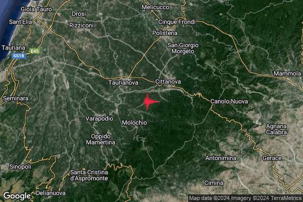 Leggero Terremoto M2.8 epicentro 4 km SW Cittanova (RC) alle 10:03:54 (08:03:54 UTC)