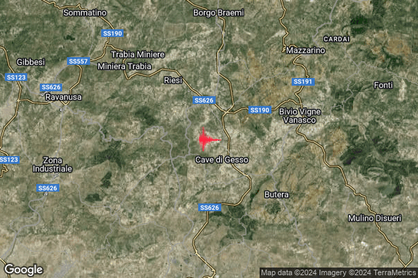 Debole Terremoto M2.7 epicentro 6 km SE Riesi (CL) alle 22:14:54 (20:14:54 UTC)