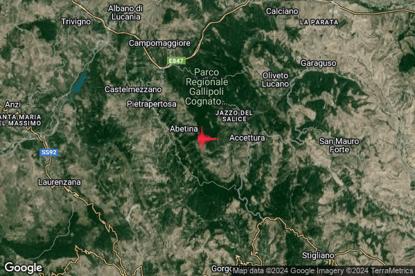 Leggero Terremoto M2.9 epicentro 3 km W Accettura (MT) alle 15:15:48 (13:15:48 UTC)