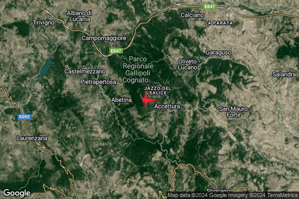 Lieve Terremoto M2.1 epicentro 2 km W Accettura (MT) alle 15:50:56 (13:50:56 UTC)