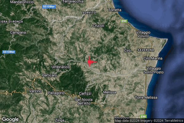 Leggero Terremoto M3.1 epicentro 6 km E Umbriatico (KR) alle 16:22:35 (14:22:35 UTC)