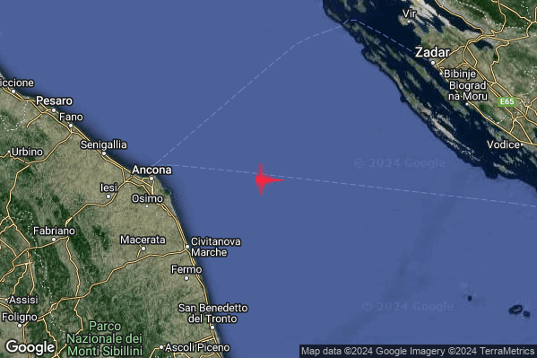 Debole Terremoto M2.3 epicentro Adriatico Centrale (MARE) alle 22:42:39 (20:42:39 UTC)