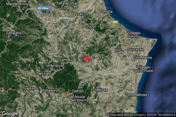 Distinto Terremoto M3.9 epicentro 6 km W Ciro (KR) alle 14:07:13 (12:07:13 UTC)