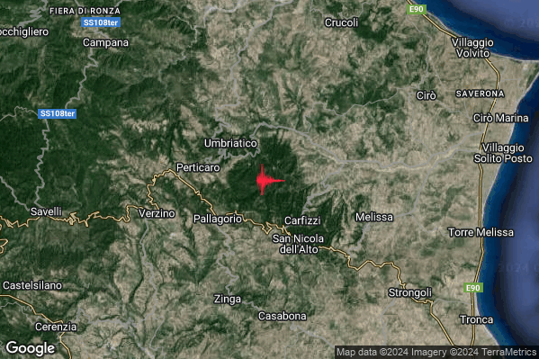 Debole Terremoto M2.6 epicentro 4 km SE Umbriatico (KR) alle 14:18:57 (12:18:57 UTC)