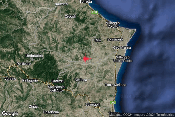 Debole Terremoto M2.3 epicentro 4 km SW Ciro (KR) alle 17:57:45 (15:57:45 UTC)