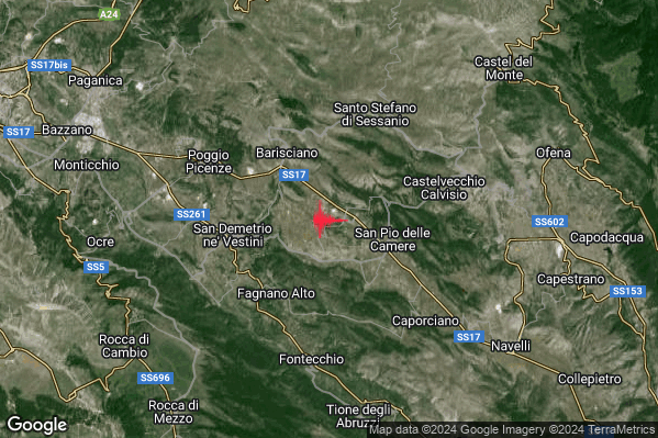 Lieve Terremoto M2.1 epicentro 2 km NE Prata d'Ansidonia (AQ) alle 09:10:16 (07:10:16 UTC)