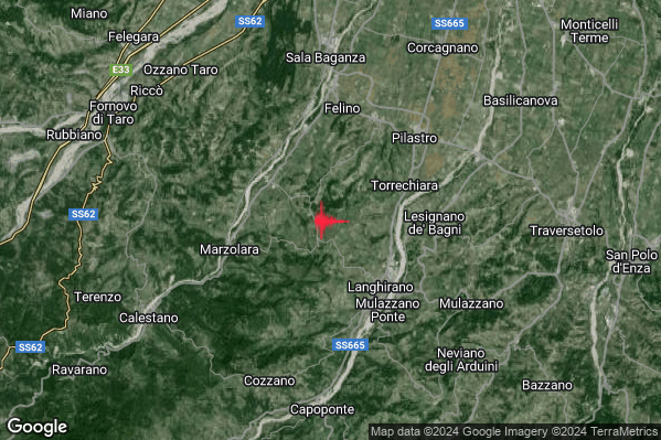 Debole Terremoto M2.3 epicentro 4 km NW Langhirano (PR) alle 10:19:13 (08:19:13 UTC)