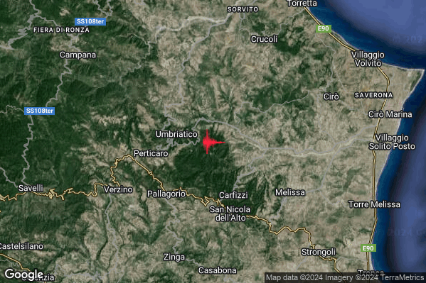 Debole Terremoto M2.3 epicentro 3 km E Umbriatico (KR) alle 00:13:31 (22:13:31 UTC)