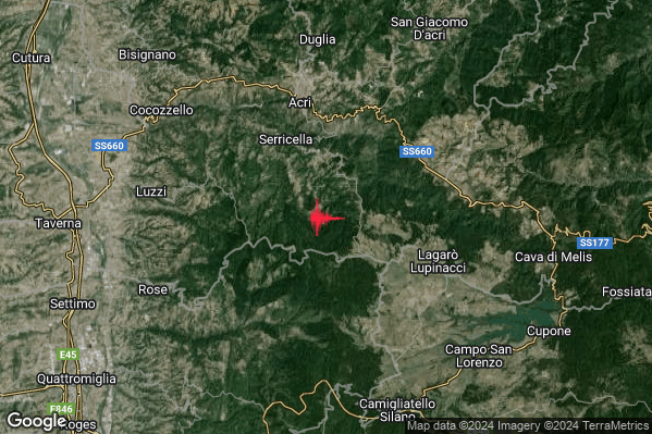 Debole Terremoto M2.5 epicentro 6 km S Acri (CS) alle 00:38:29 (22:38:29 UTC)