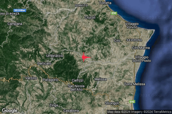 Leggero Terremoto M2.8 epicentro 5 km N Carfizzi (KR) alle 02:52:59 (00:52:59 UTC)