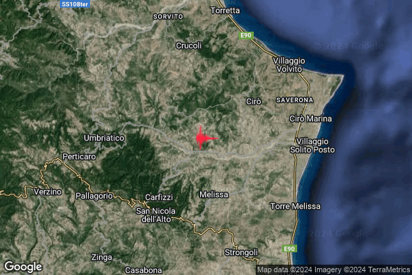 Debole Terremoto M2.3 epicentro 5 km SW Ciro (KR) alle 08:10:39 (06:10:39 UTC)