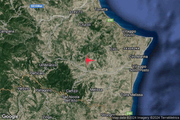 Debole Terremoto M2.5 epicentro 5 km SW Ciro (KR) alle 12:09:56 (10:09:56 UTC)