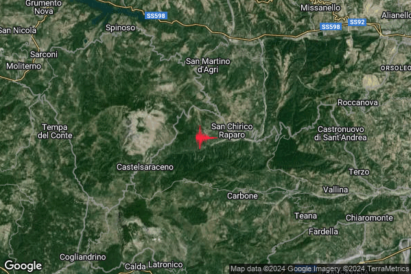 Debole Terremoto M2.5 epicentro 2 km W San Chirico Raparo (PZ) alle 13:08:40 (11:08:40 UTC)